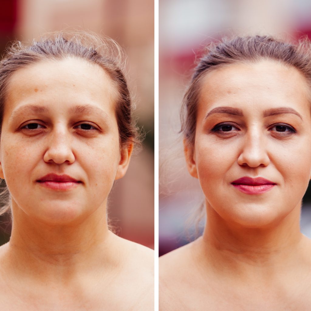 Transformation durch Bildbearbeitung: Vorher-Nachher-Fotos einer jungen Frau -10er-Paket
