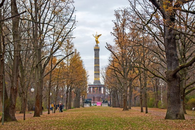 Herbstliche Szenerie mit der Berliner Siegessäule im Hintergrund. Im Vordergrund verläuft eine Allee mit einer kleinen Wiesenfläche in der Mitte, umgeben von Bäumen. Links und rechts der Allee stehen die Bäume dicht aneinander, die den Weg rahmen.