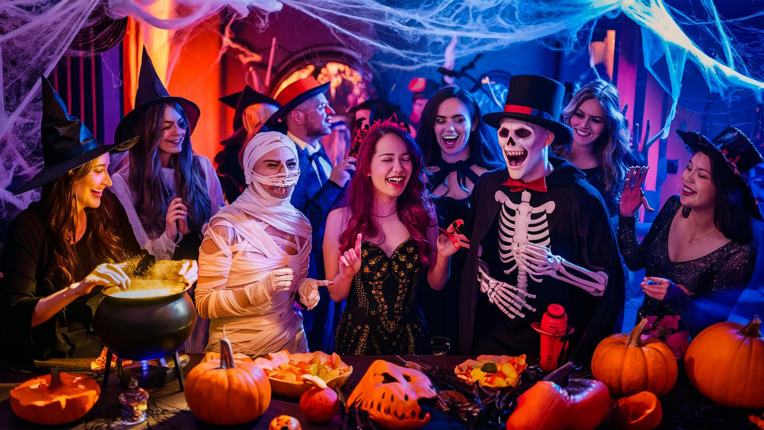 Eine Gruppe verkleideter Freunde feiert eine Halloween Party mit gruseligen Kostümen und Dekoration – ideal für ein professionelles Halloween Event-Shooting.