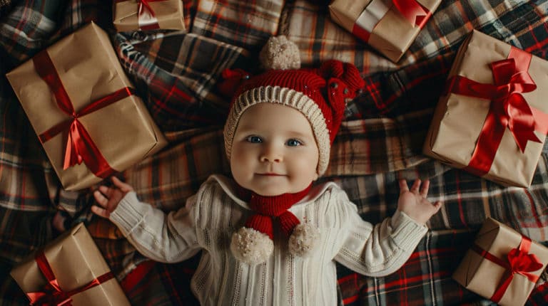 Ein lächelndes Baby in einem weihnachtlichen Outfit liegt auf einer Decke, umgeben von Geschenken mit roten Schleifen, perfekt für Weihnachtliche Babyfotos